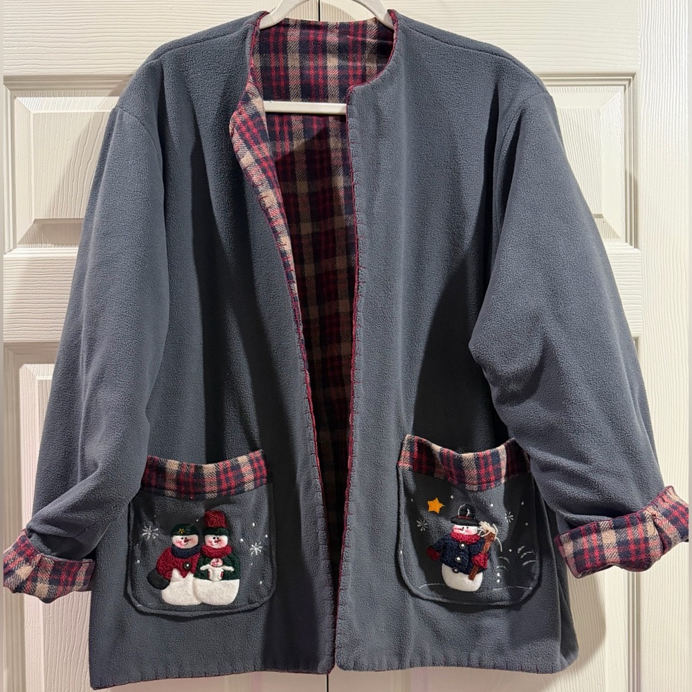 Country Lace Gray W/3D Applique Santa Reindeer  Jacket Cardigan Coat Ugly Sz 2XL